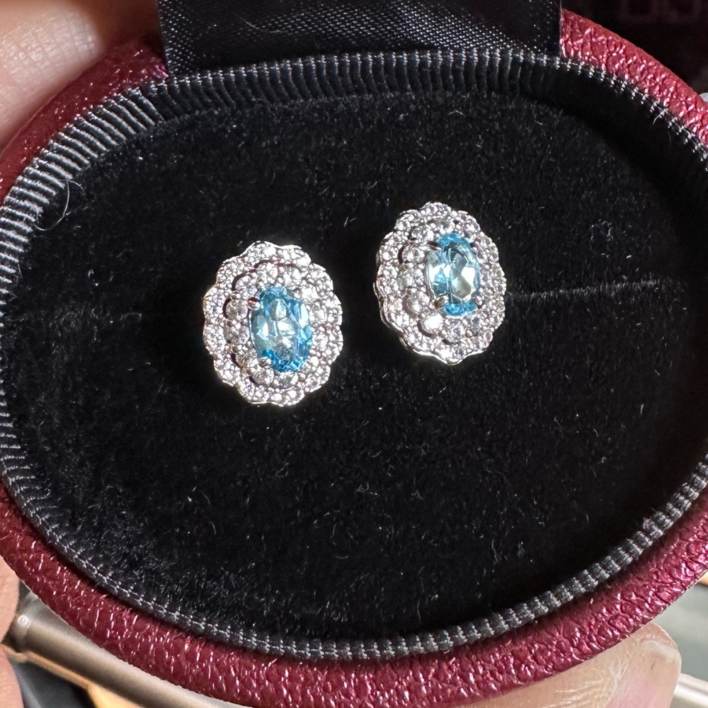 Elegant Genuine Diamond and Blue Topaz and Sterling Silver Stud Earrings